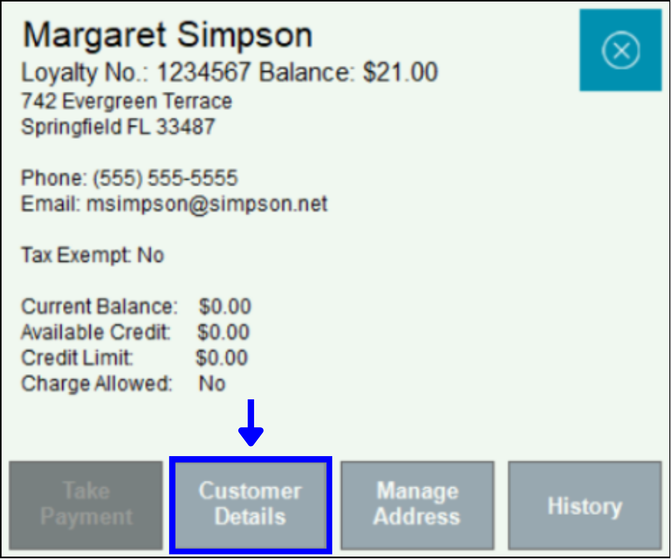 Customer details button highlighted in customer information pane from order details screen
