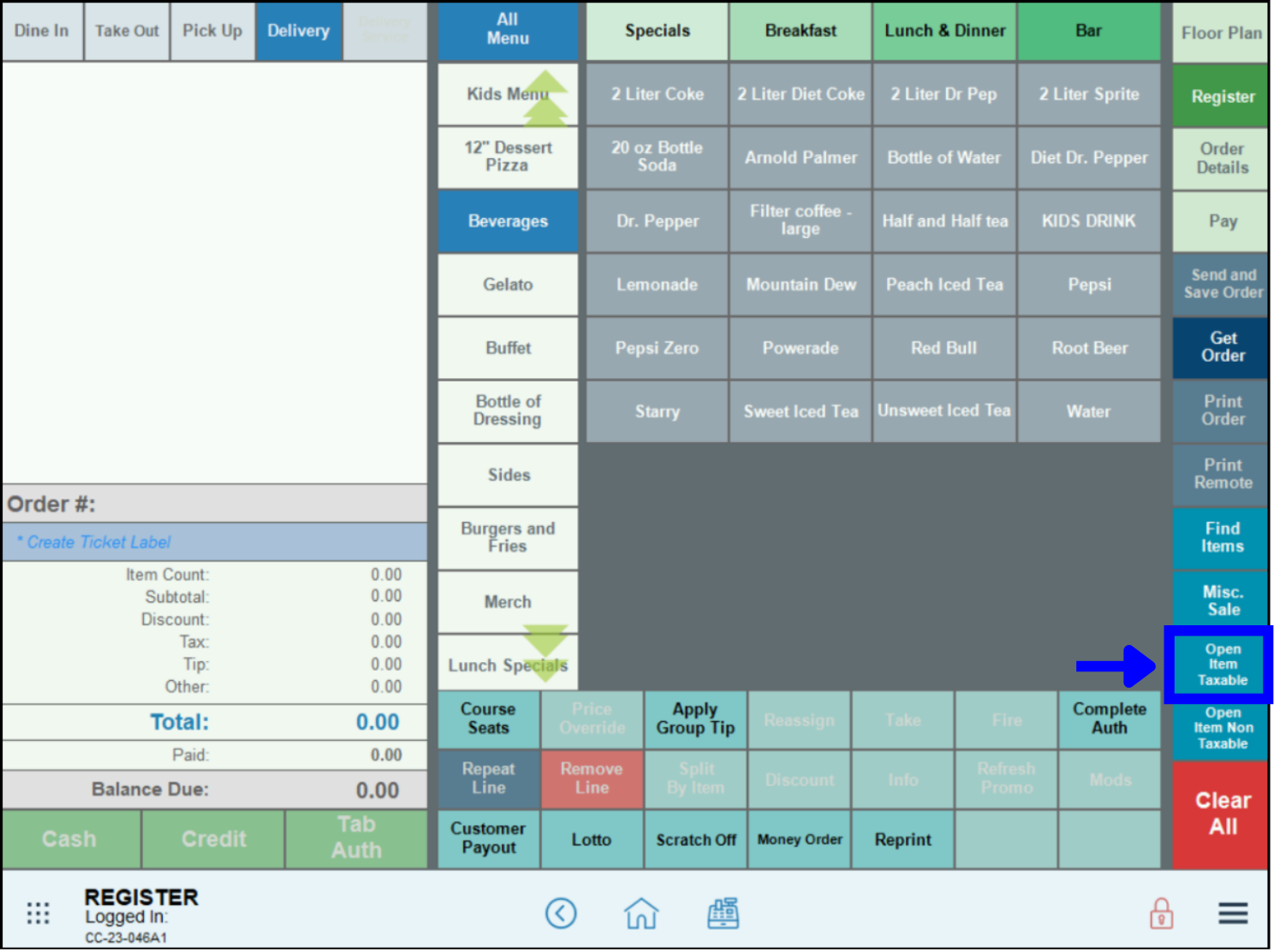 Open item taxable tab highlighted in register app
