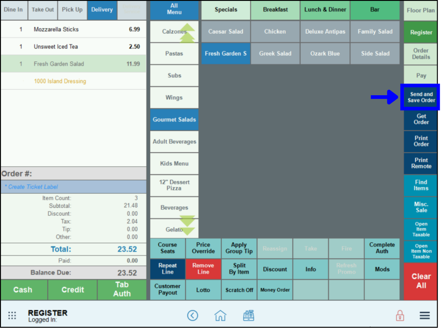 Send and Save order button highlighted on register app