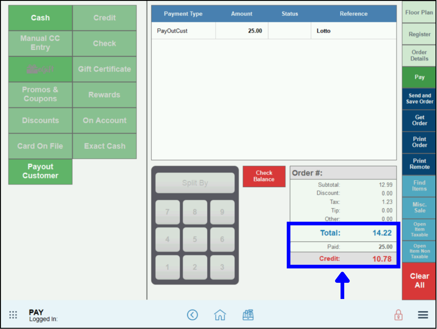 Pay screen with credit amount of $14.05 highlighted