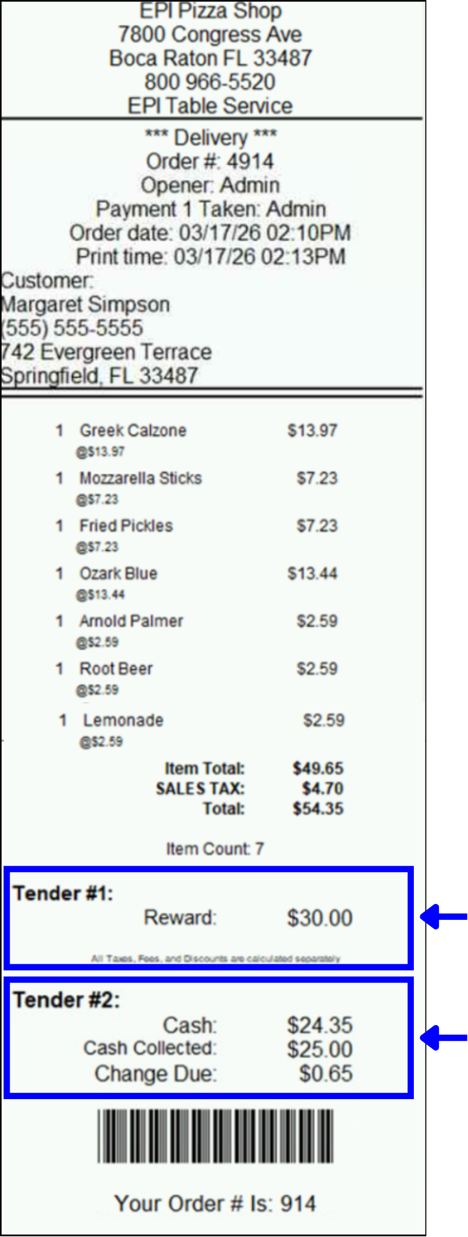 Receipt shows two payment types