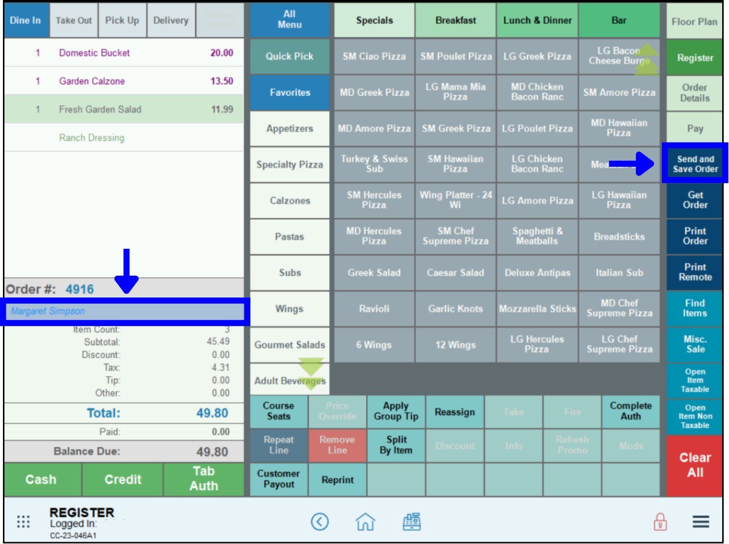 Customer name highlighted, arrow point to Send and Save button