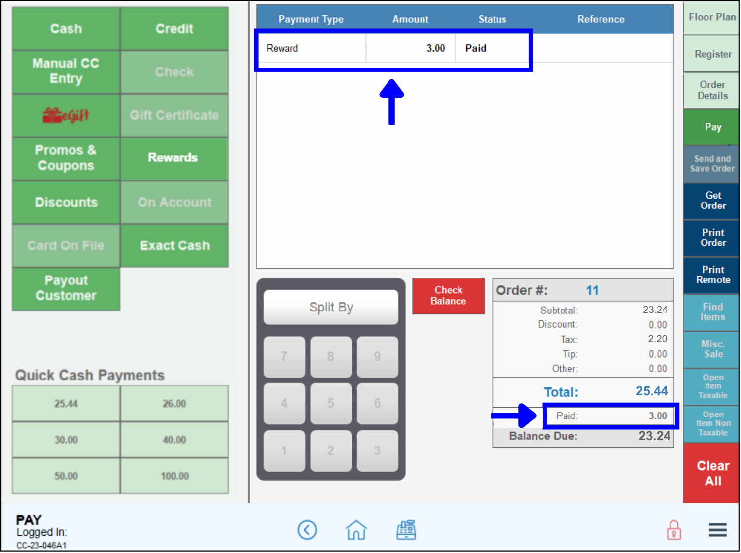 Reward amount of $3 highlighted on pay screen