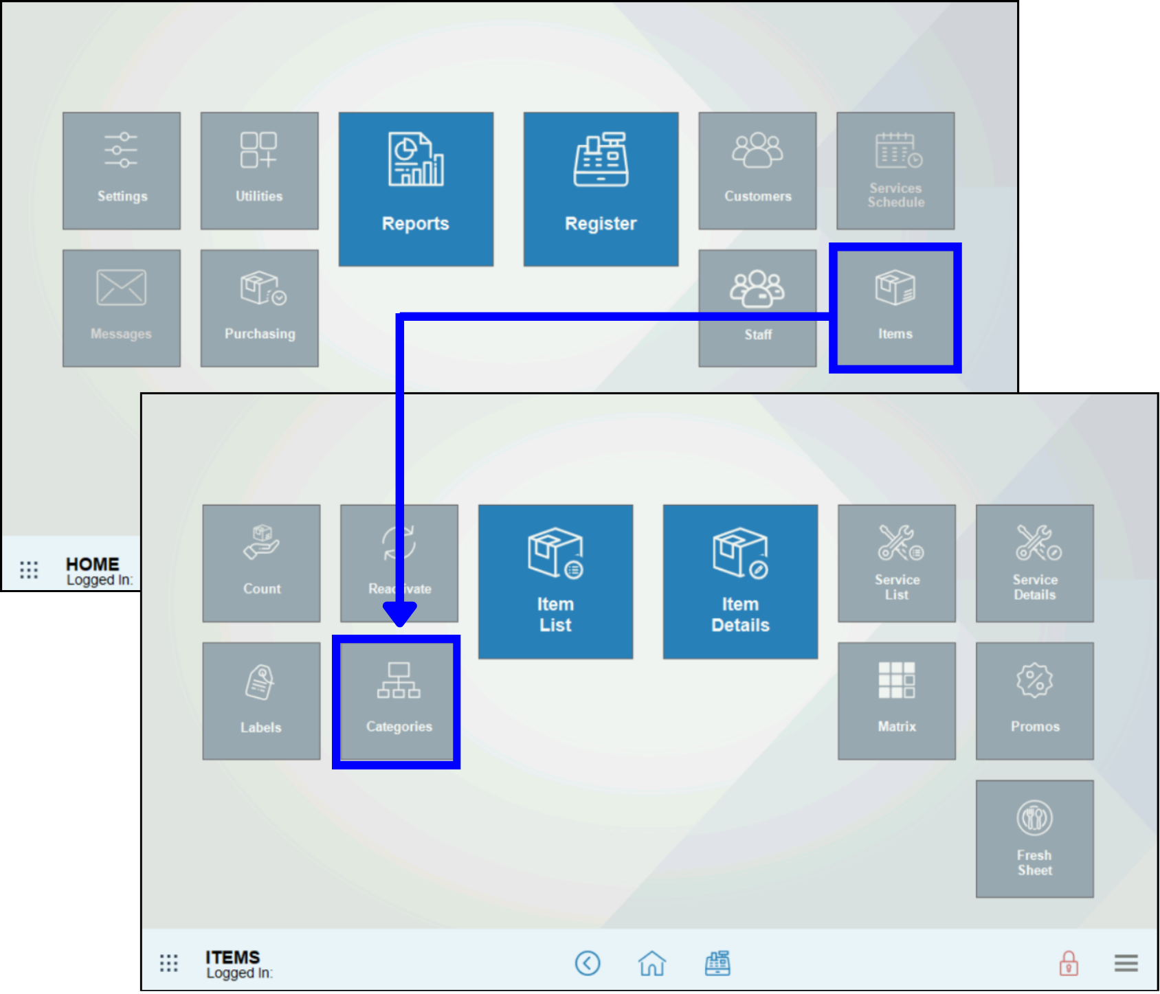 Items module highlighted with arrow leading to categories submodule