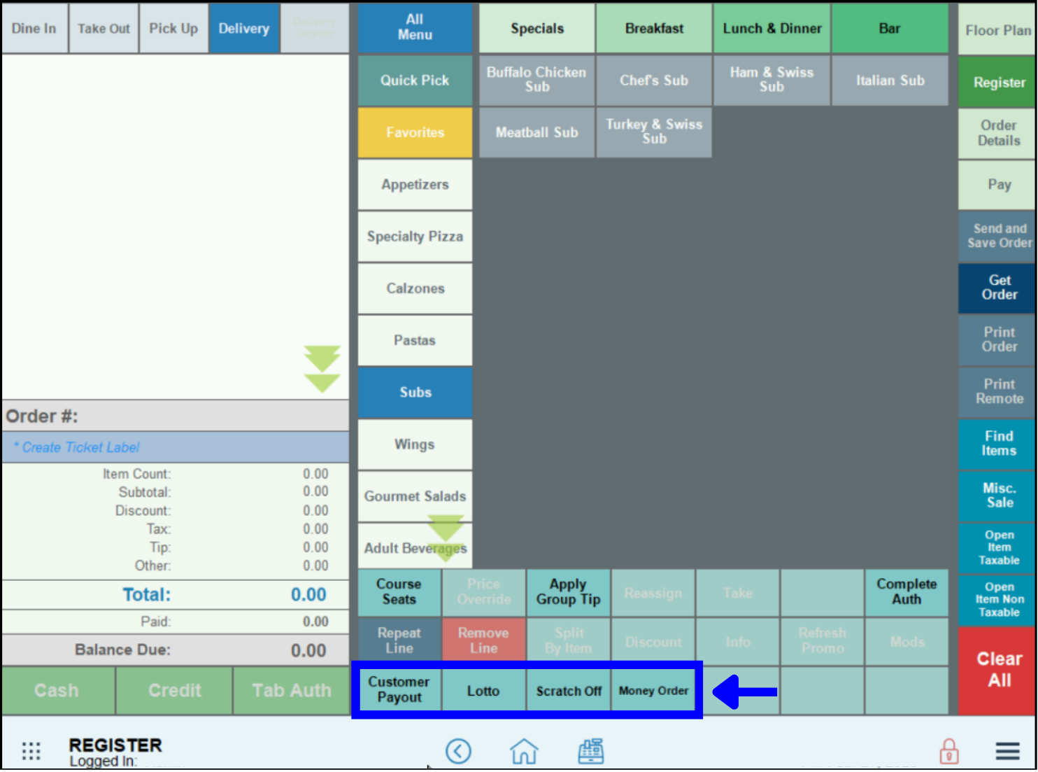 Custom buttons section highlighted on the register