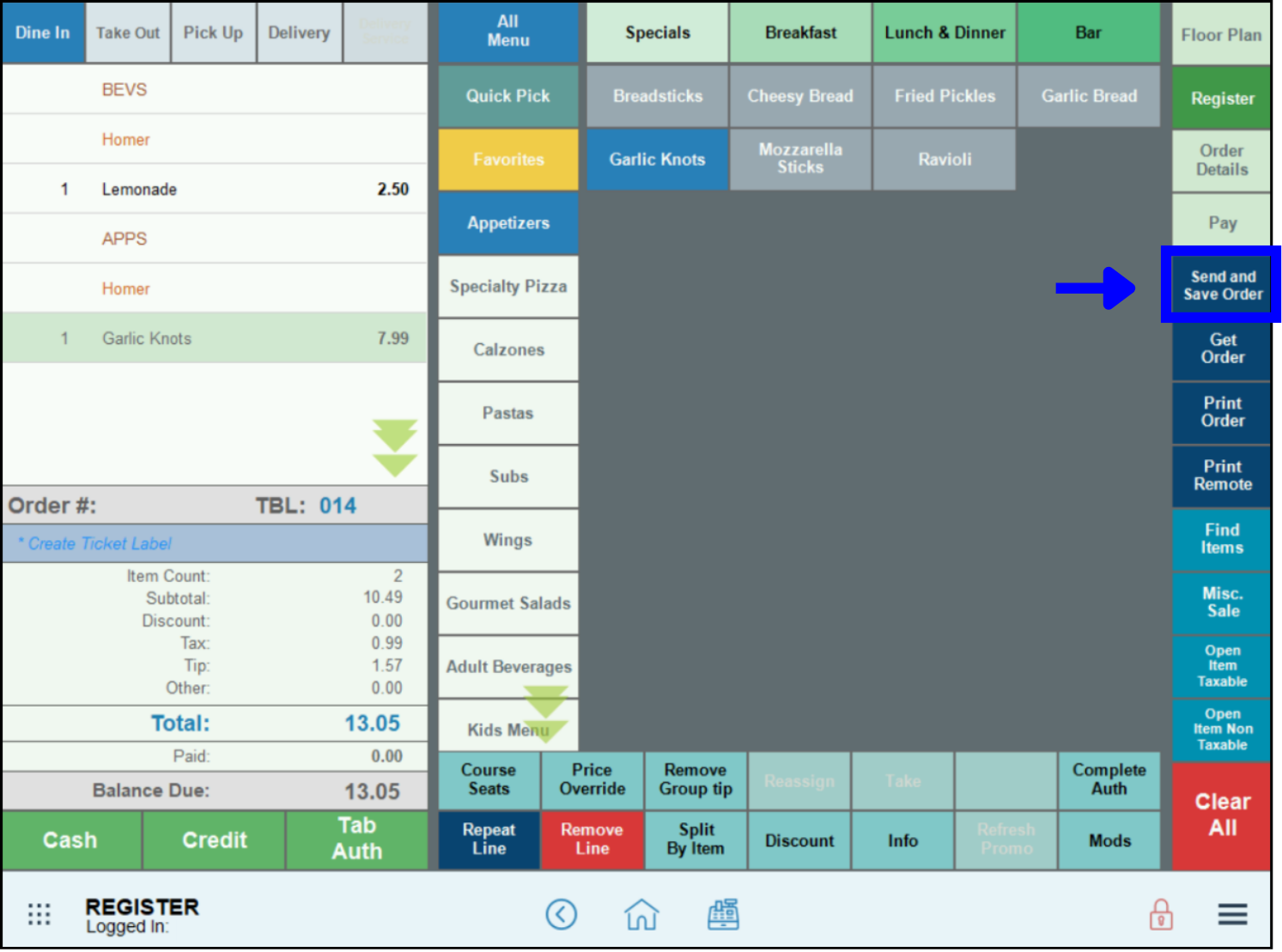 Save and Send order button highlighted in the register
