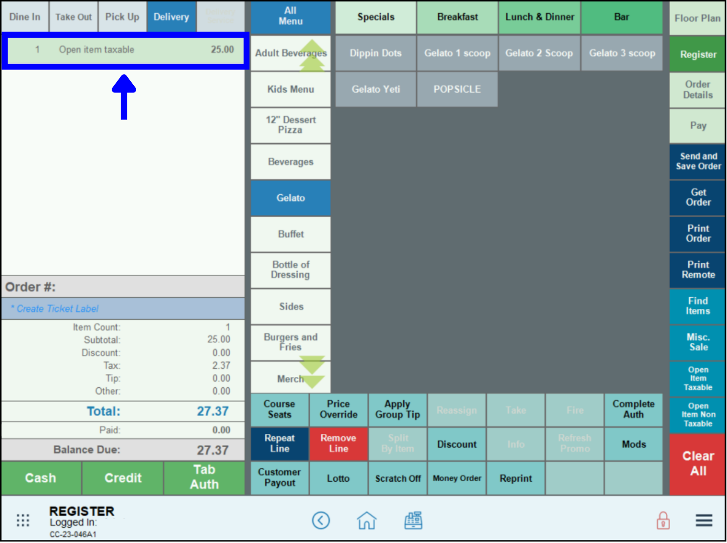 Open item taxable displays in register order window
