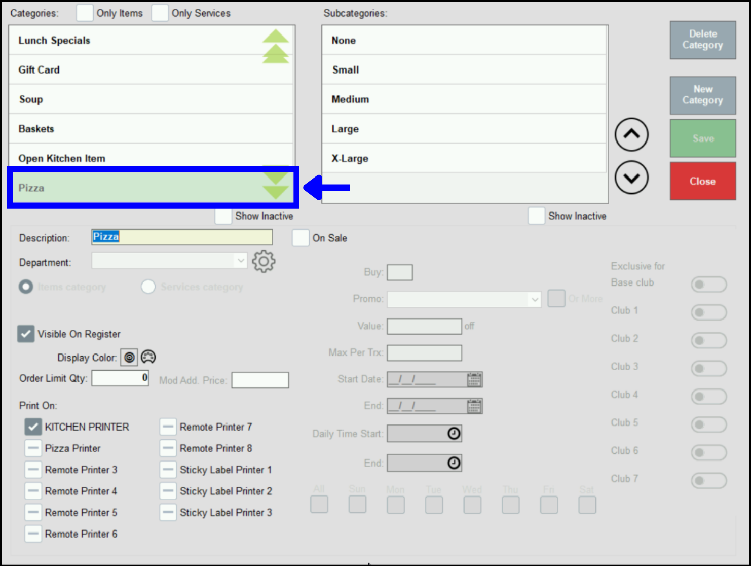 Entrees highlighted in categories list
