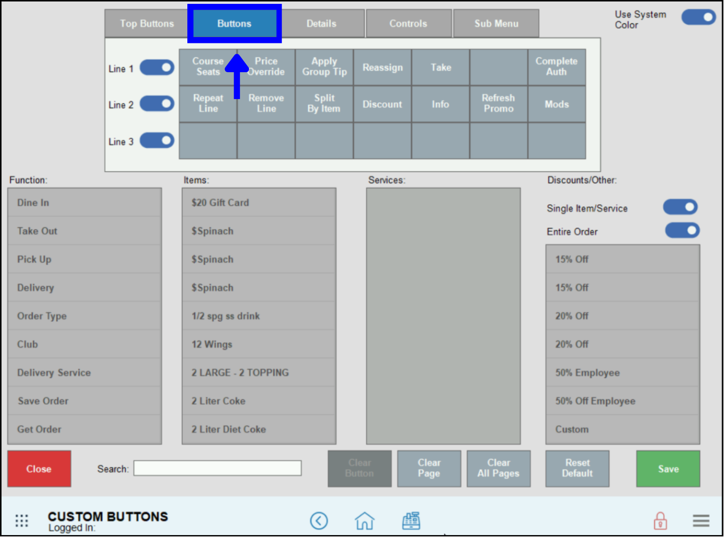 Select Buttons section