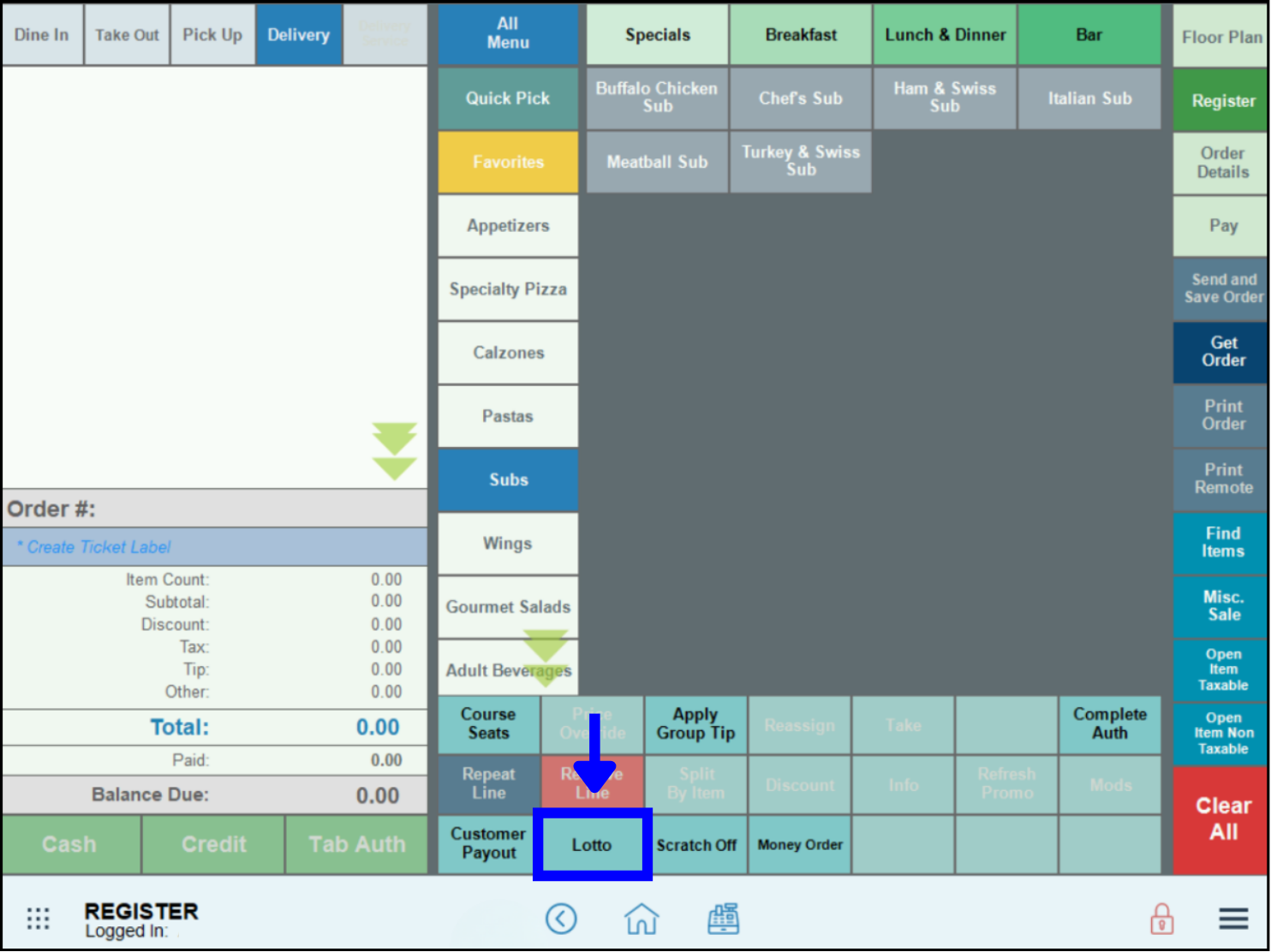 Lotto custom button highlighted on the register