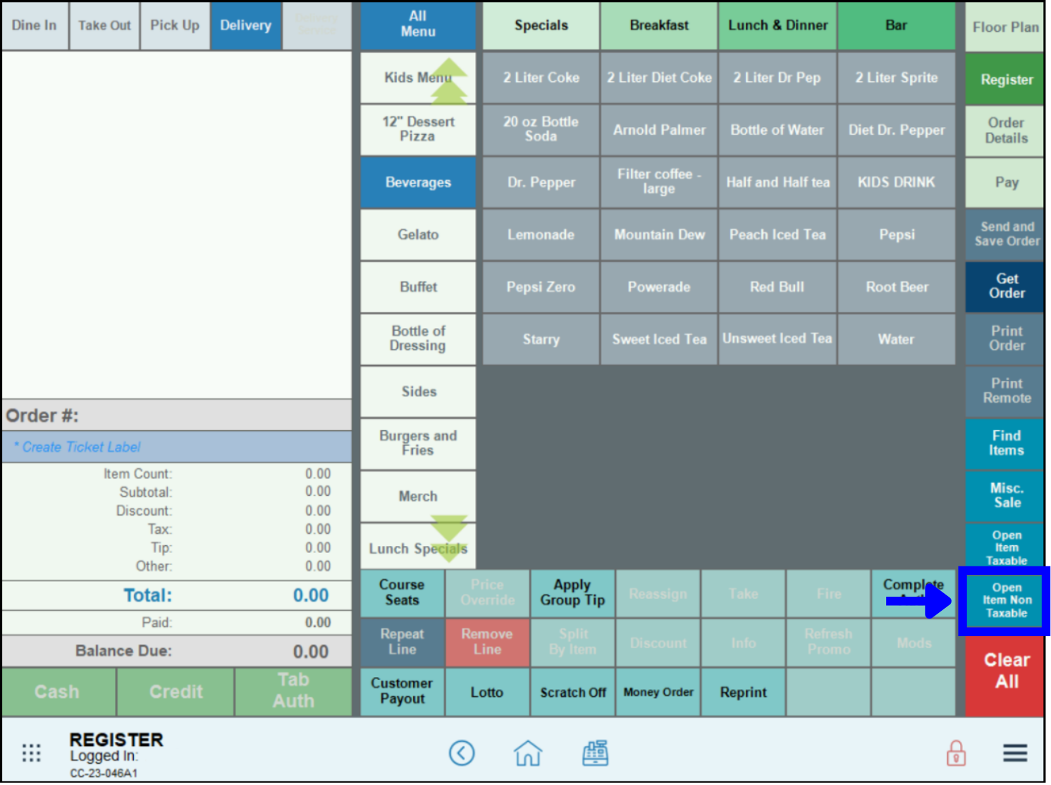 Open item non taxable tab highlighted in register app