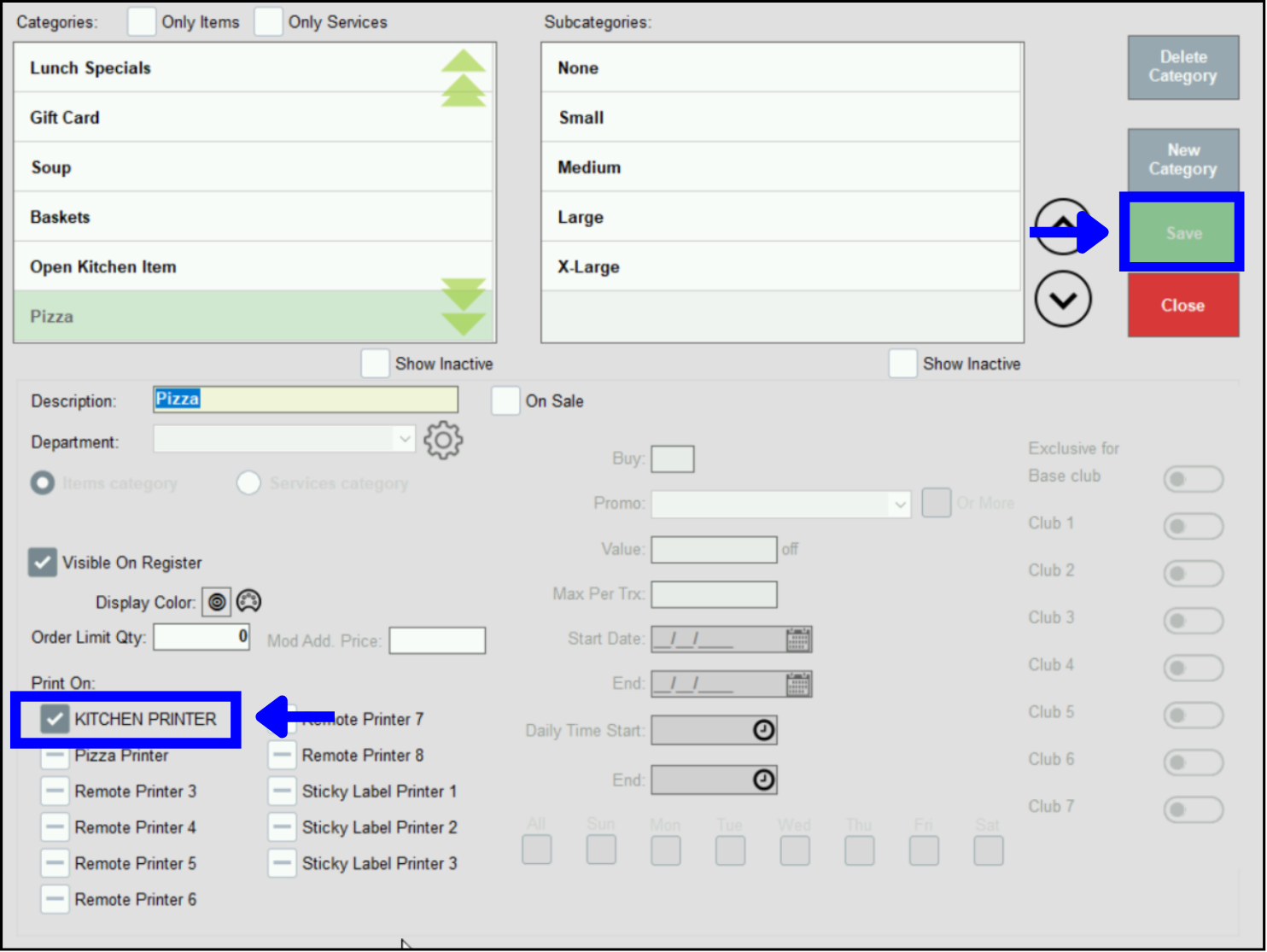 Kitchen number one printer highlighted with arrow leading to save button