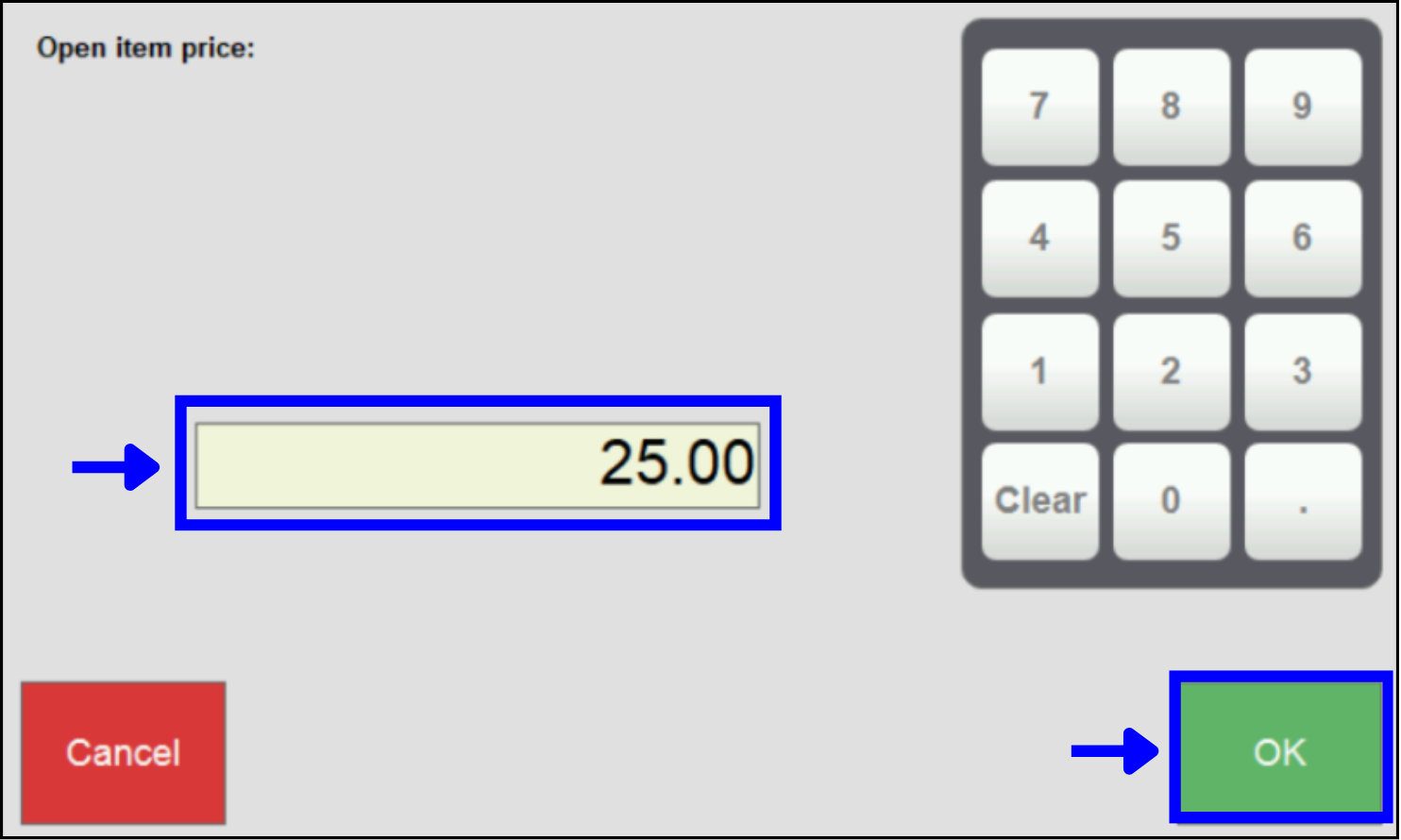 Open item price pop-up screen