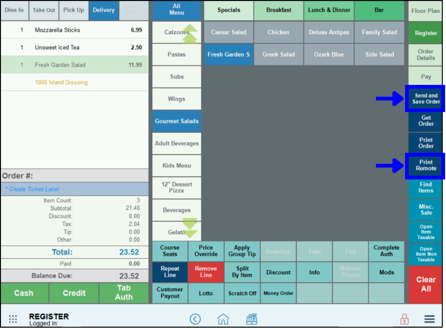 Send and Save order and print remote buttons highlighted on register app