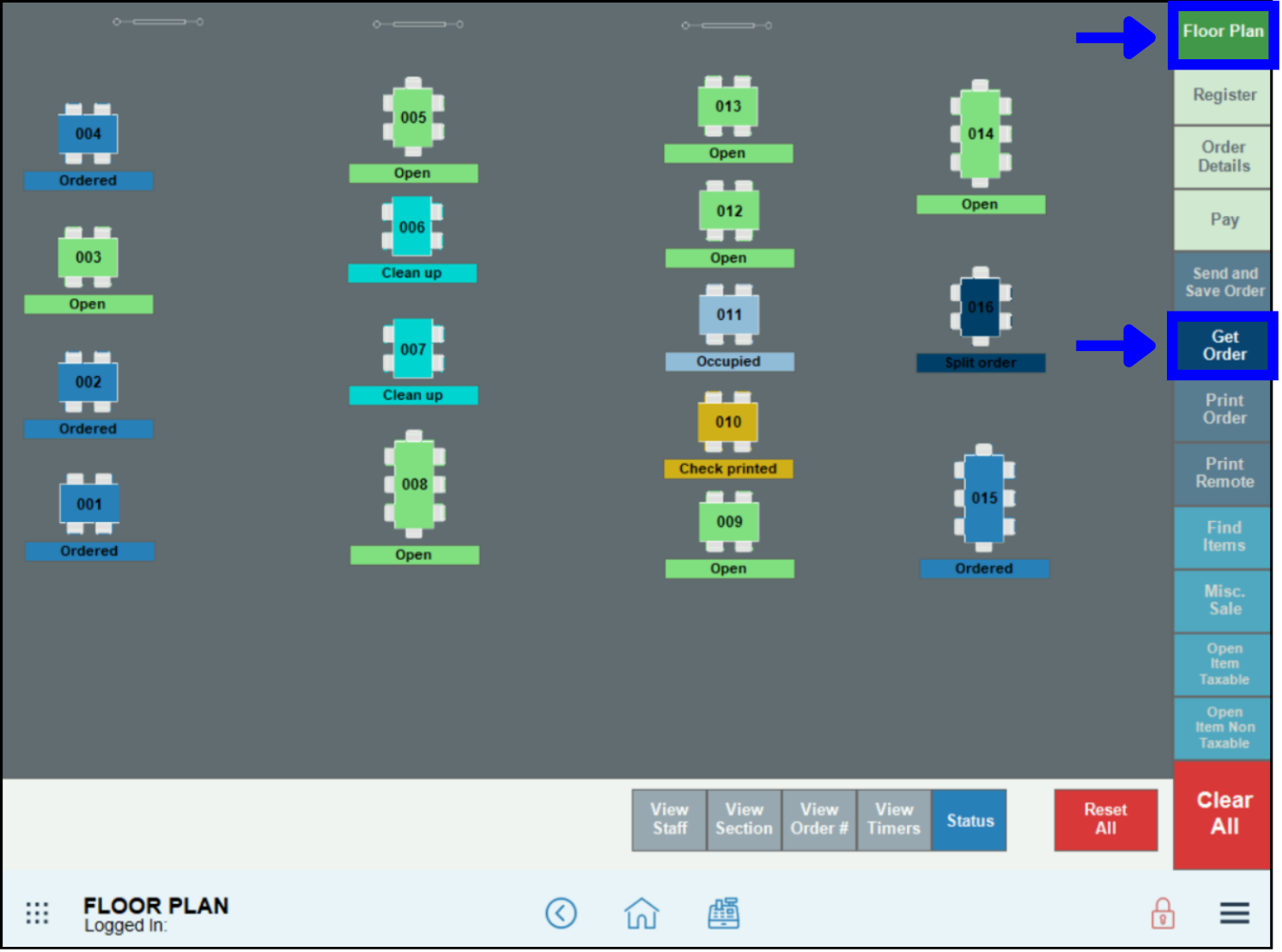 Get order button highlighted in floor plan view