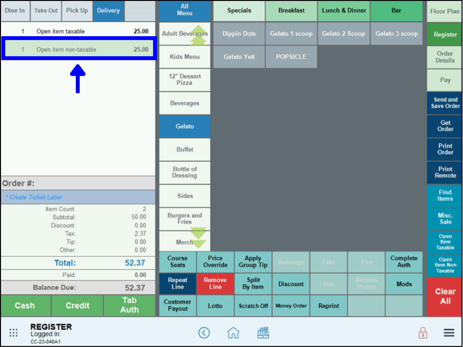 Open item non taxable item displays in register order pane