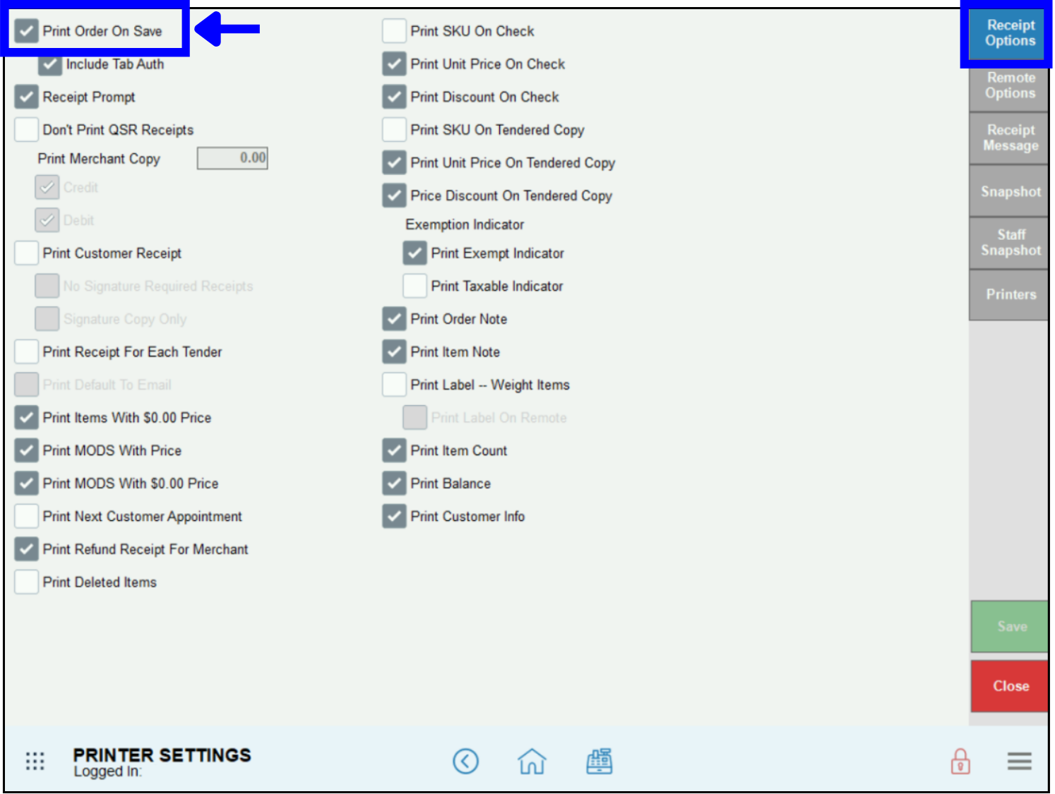 Receipt options tab highlighted with arrow leading to print order on save checkbox