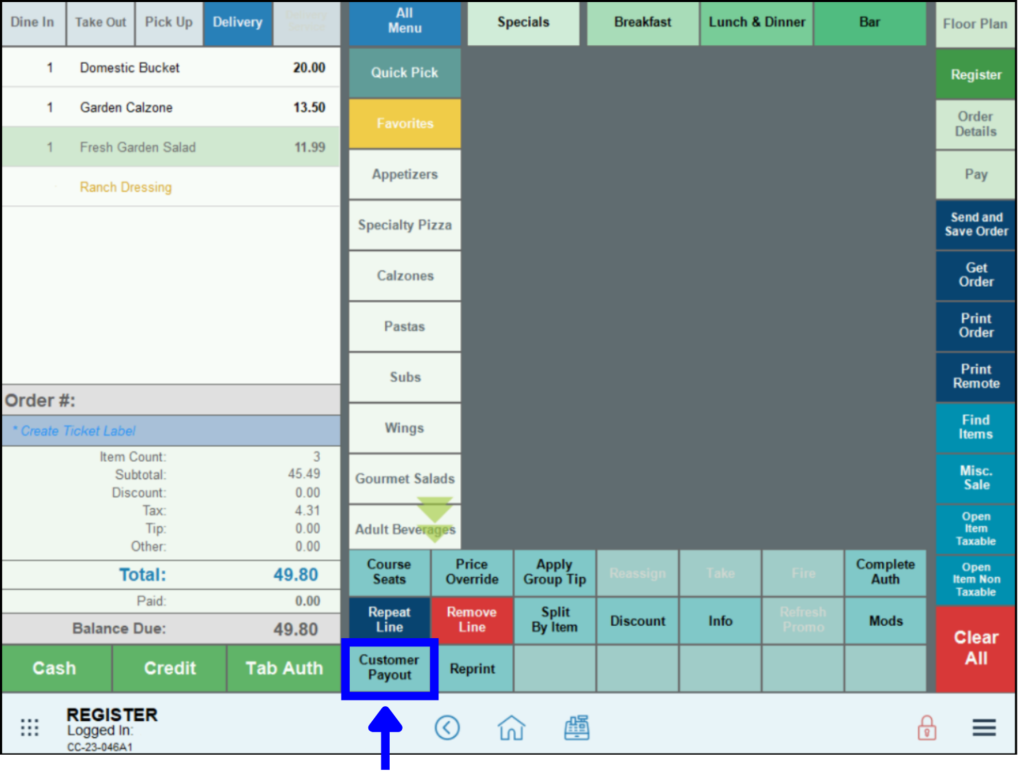View Customer Payout button on register