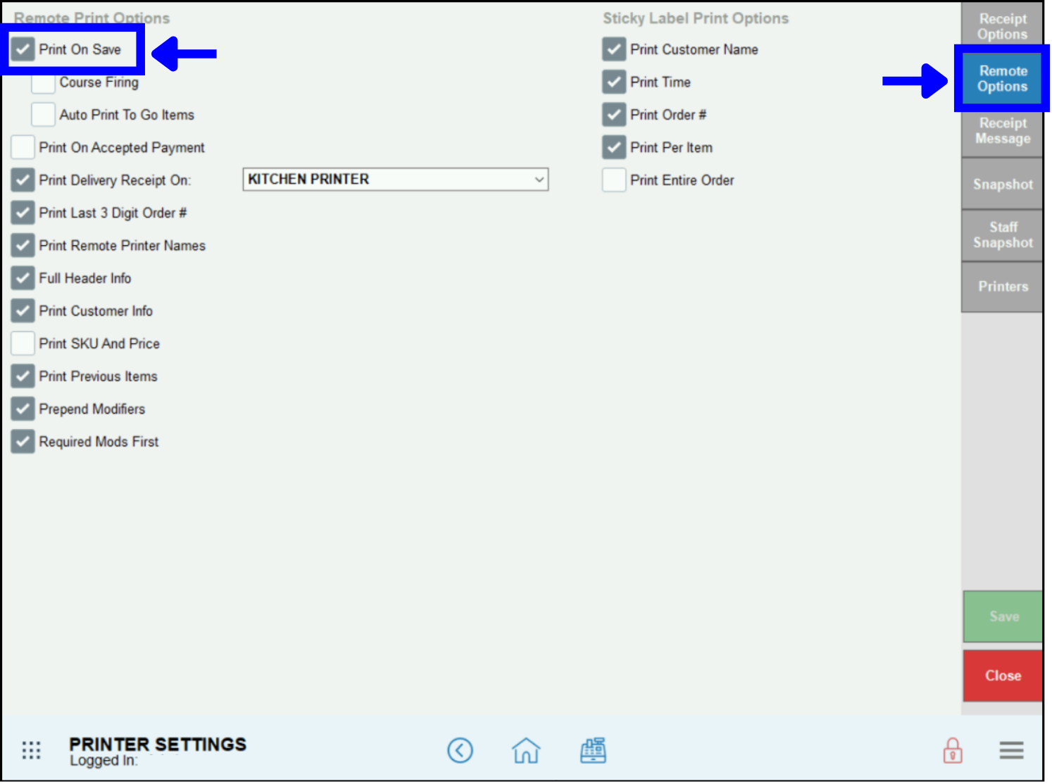 Remote options tab highlighted with arrow leading to print on save checkbox