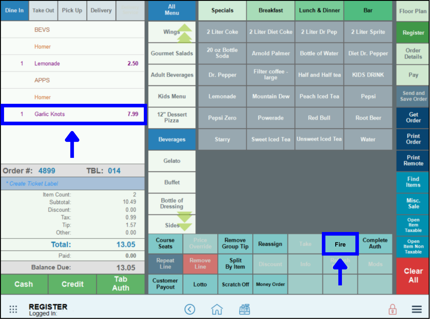 Fire custom button highlighted in the register app