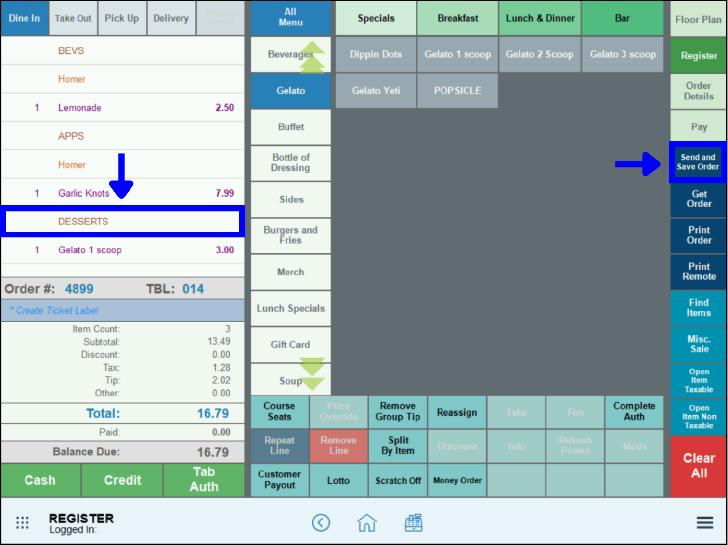 Save and Send order button highlighted in the register