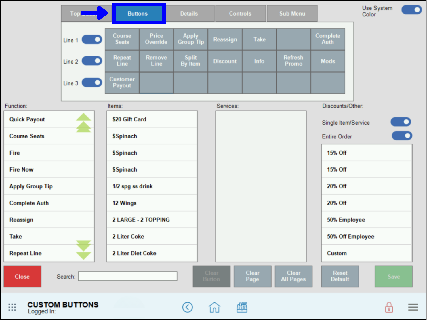 Select Buttons section