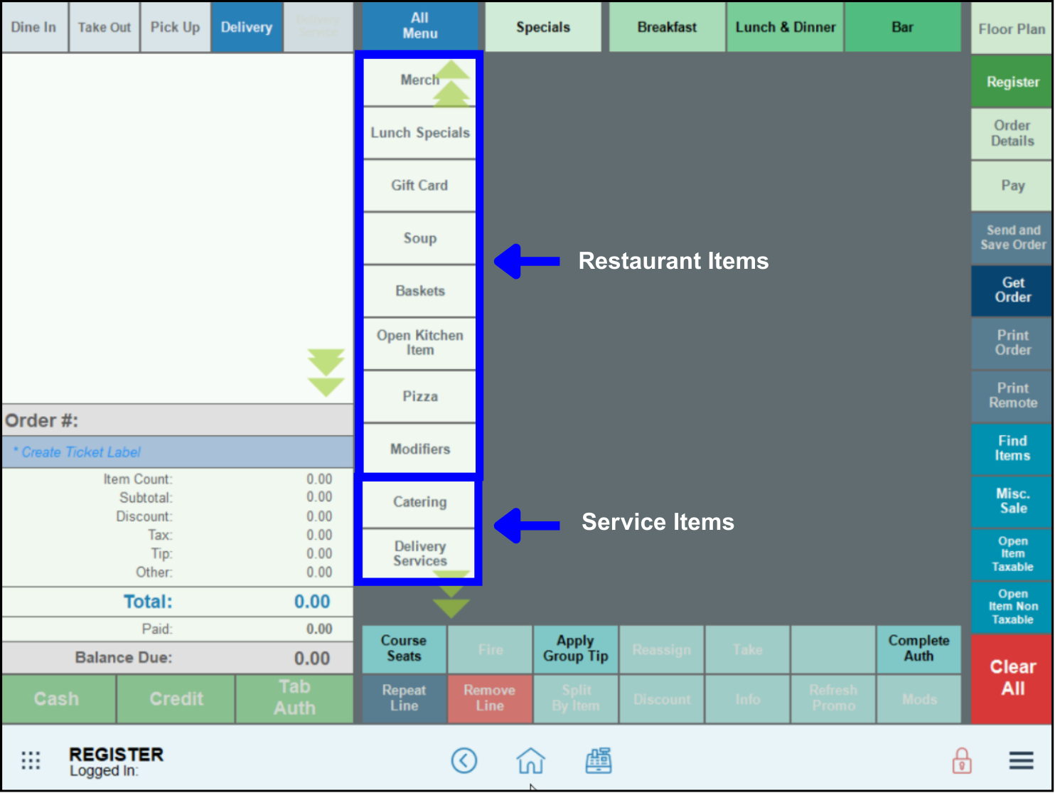 Example showing both items and services on the register
