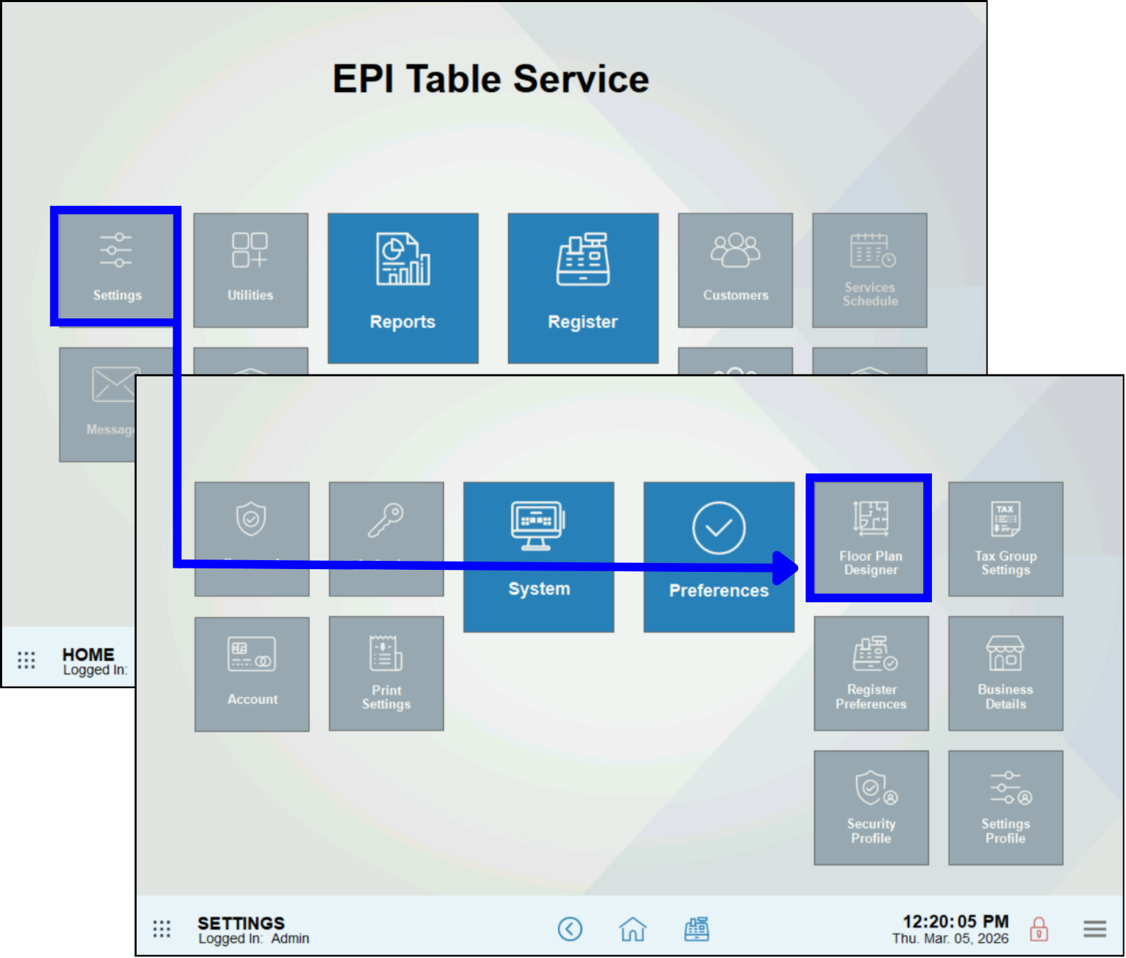 Setting module highlighted with arrow leading to floor plan designer submodule