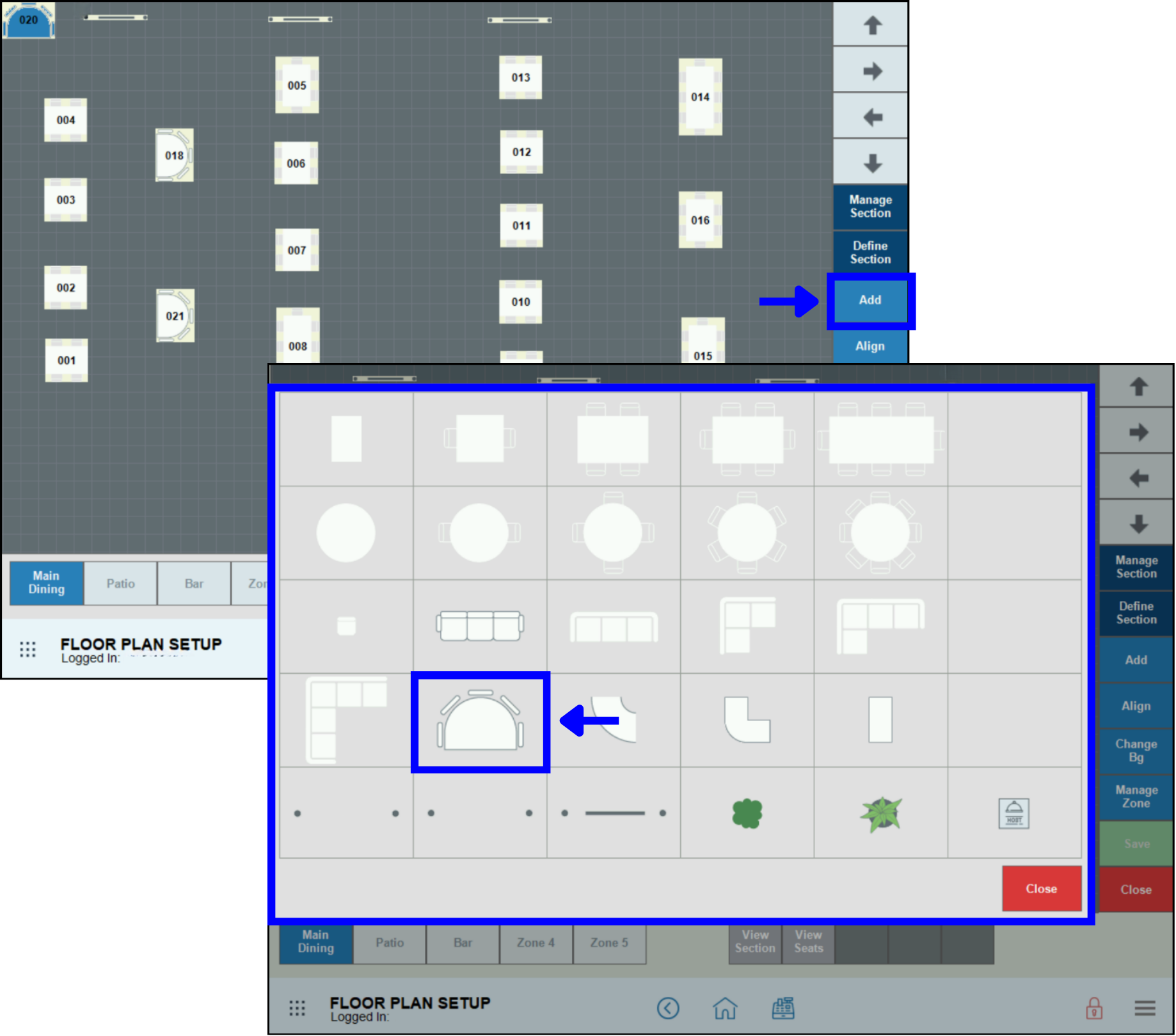 Round table of floor highlighted on floor plan setup selection screen