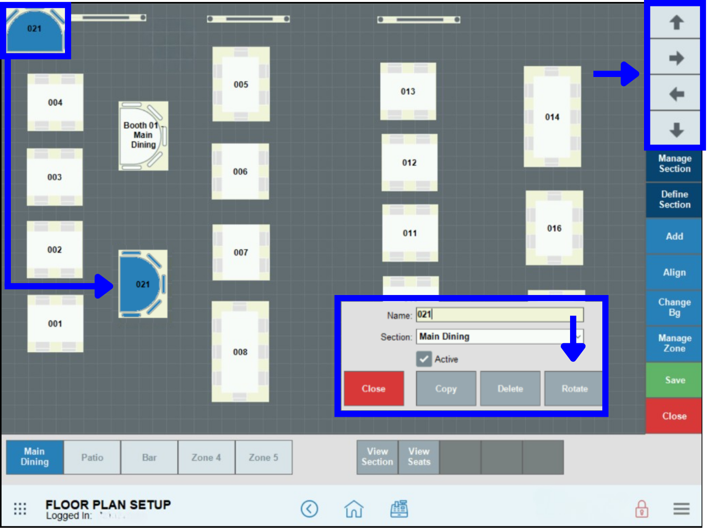 Directional arrows on floor plan setup screen highlighted