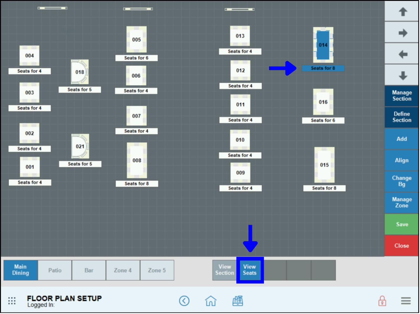 View seats button highlighted on floor plan setup screen