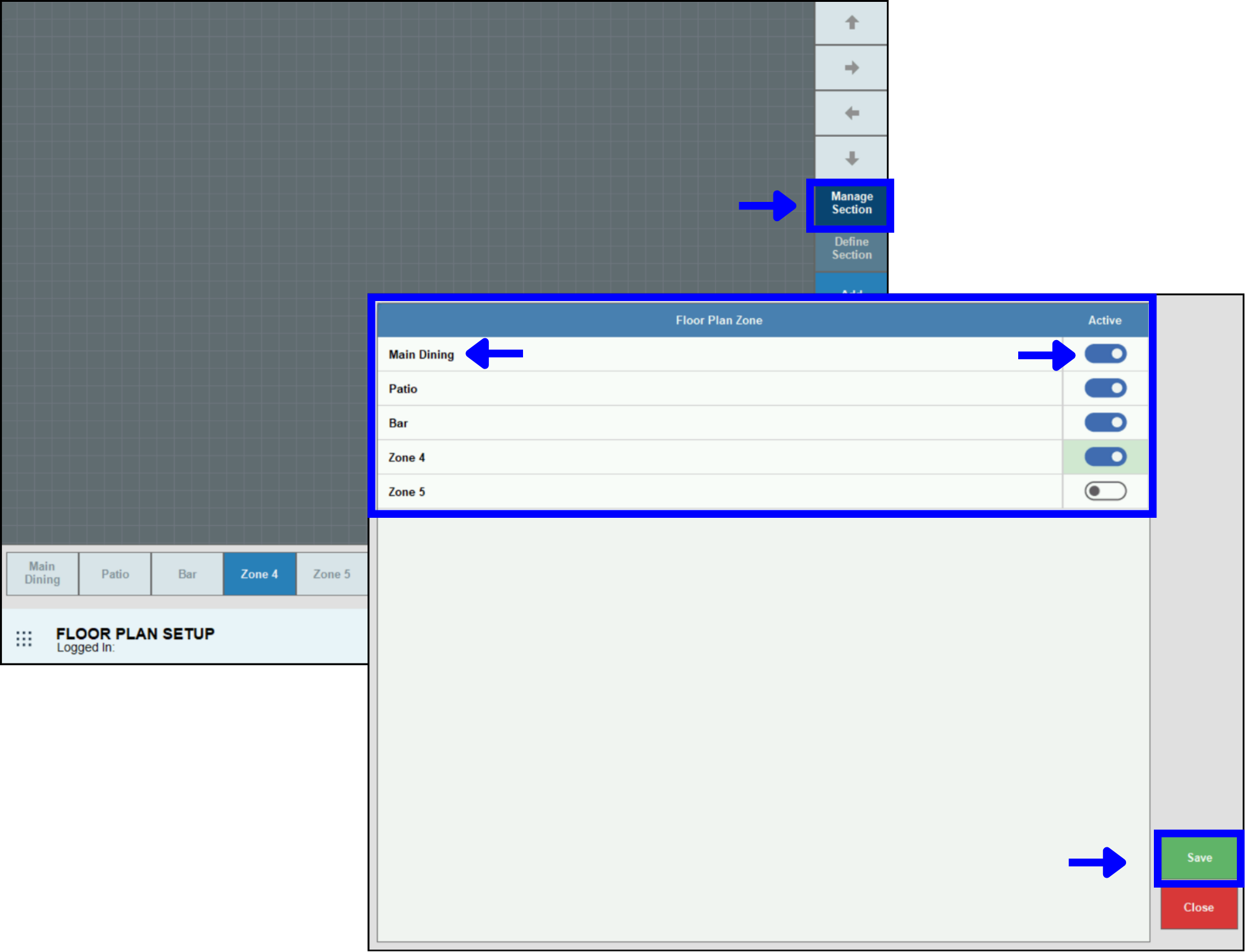 Active sliders highlighted in floor plan setup work area