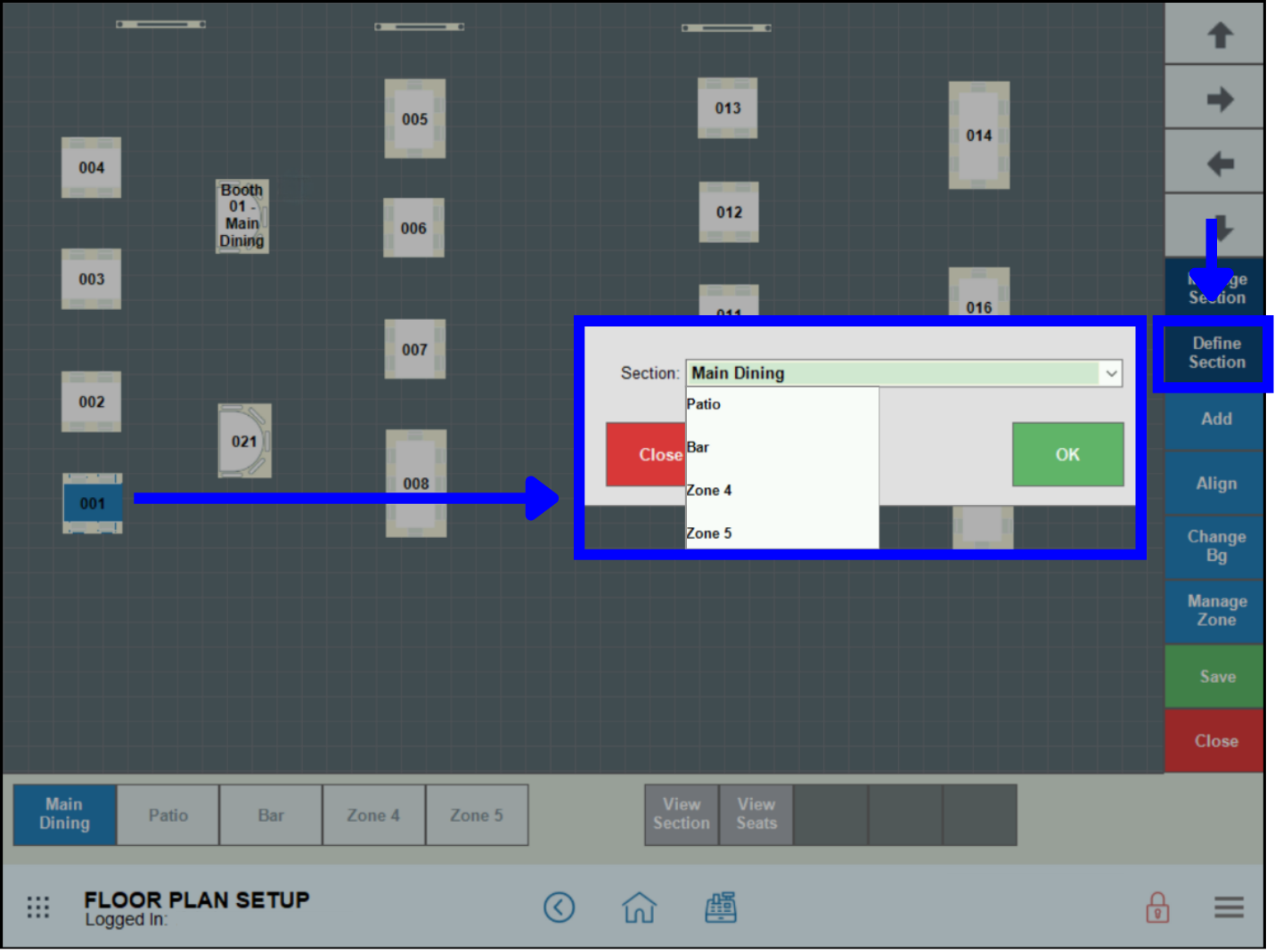 Section drop-down menu highlighted in section selection pop-up screen