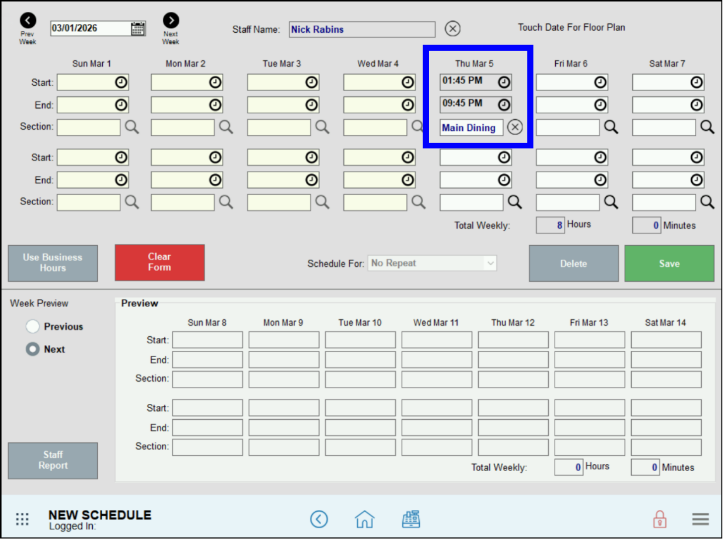 Scheduling screen with monday start time, end time and section number fields highlighted