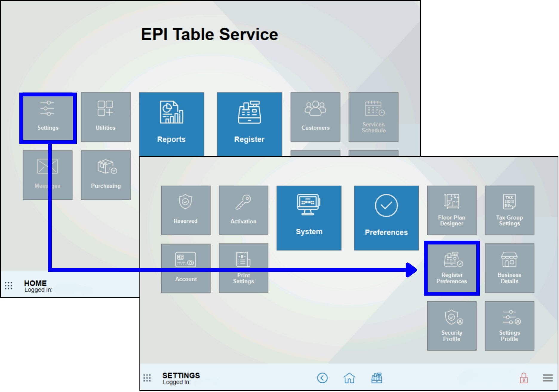 Settings module highlighted with arrow leading to register preferences submodule
