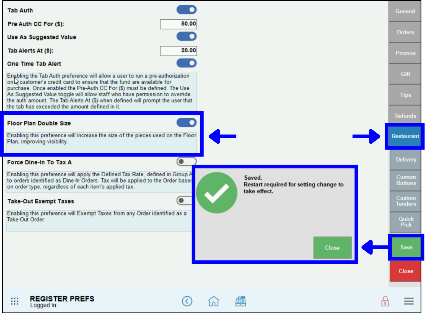 Double size floor plan activation path with restart exatouch pop-up screen