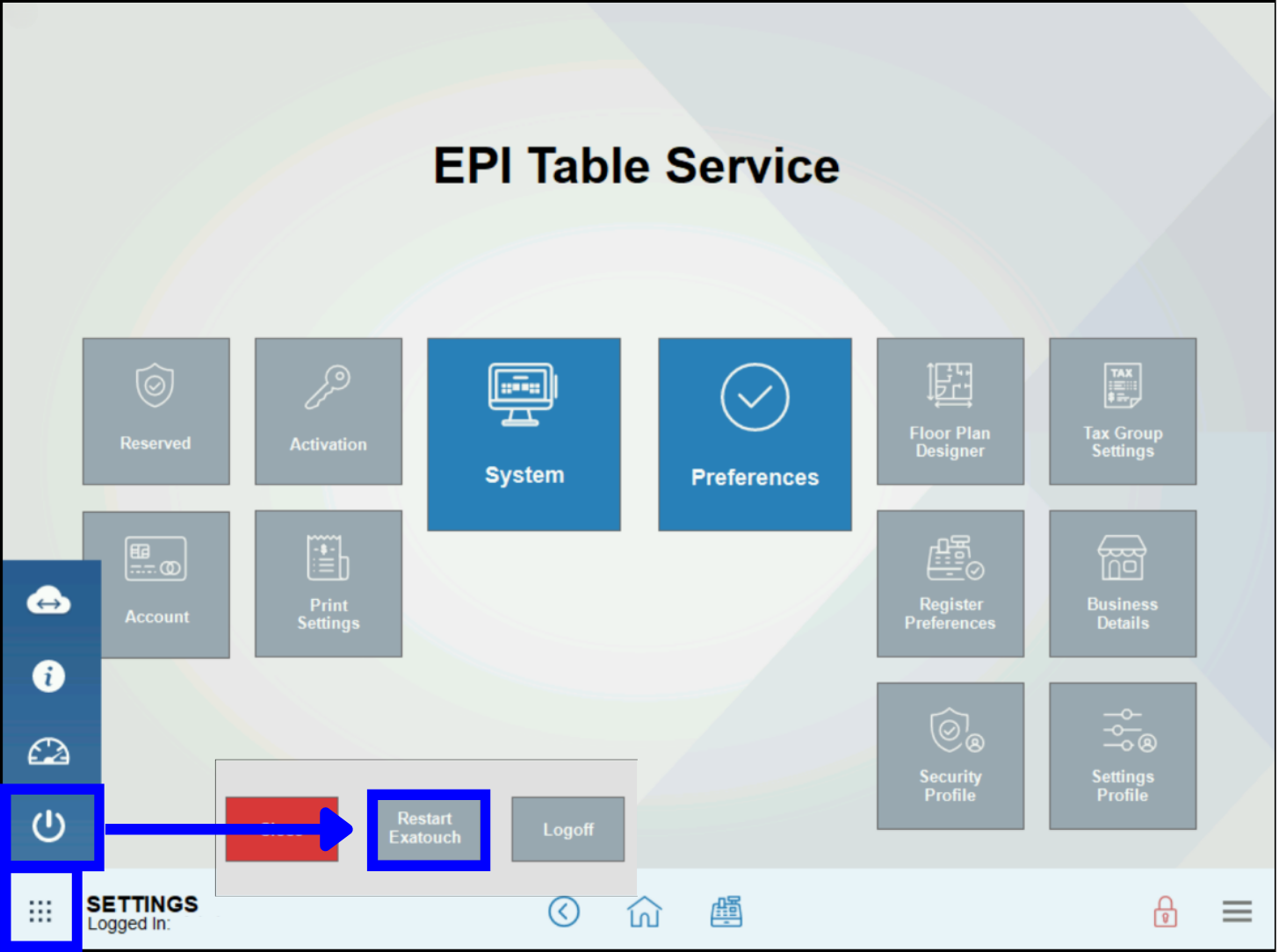 Global menu highlighted with arrow leading to power icon and another arrow pointing to restart exatouch button