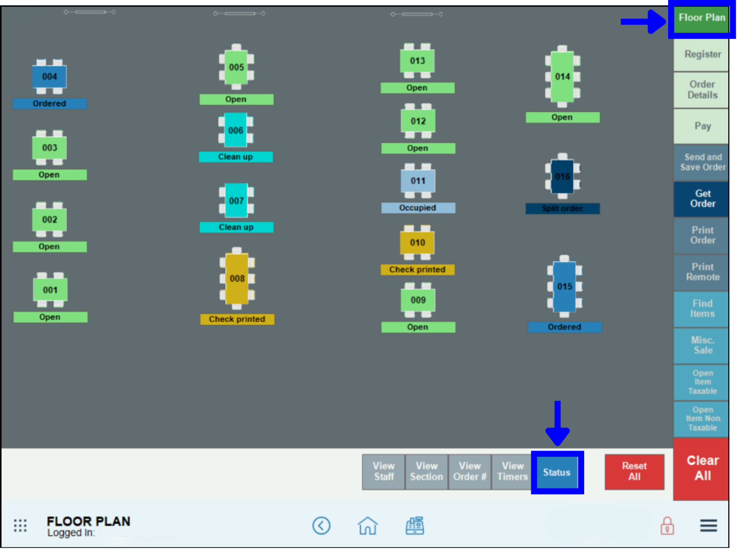 Floor plan with examples of table status visible
