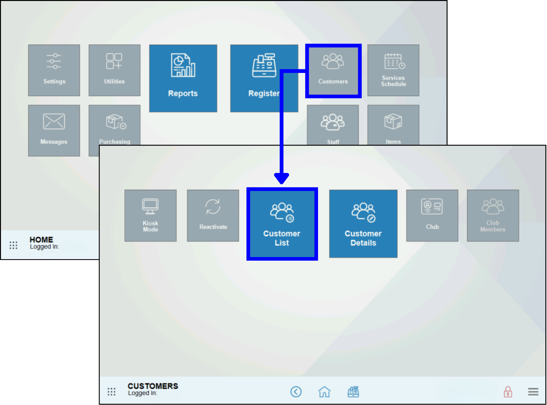 Customers module highlighted with arrow leading to customer list submodule