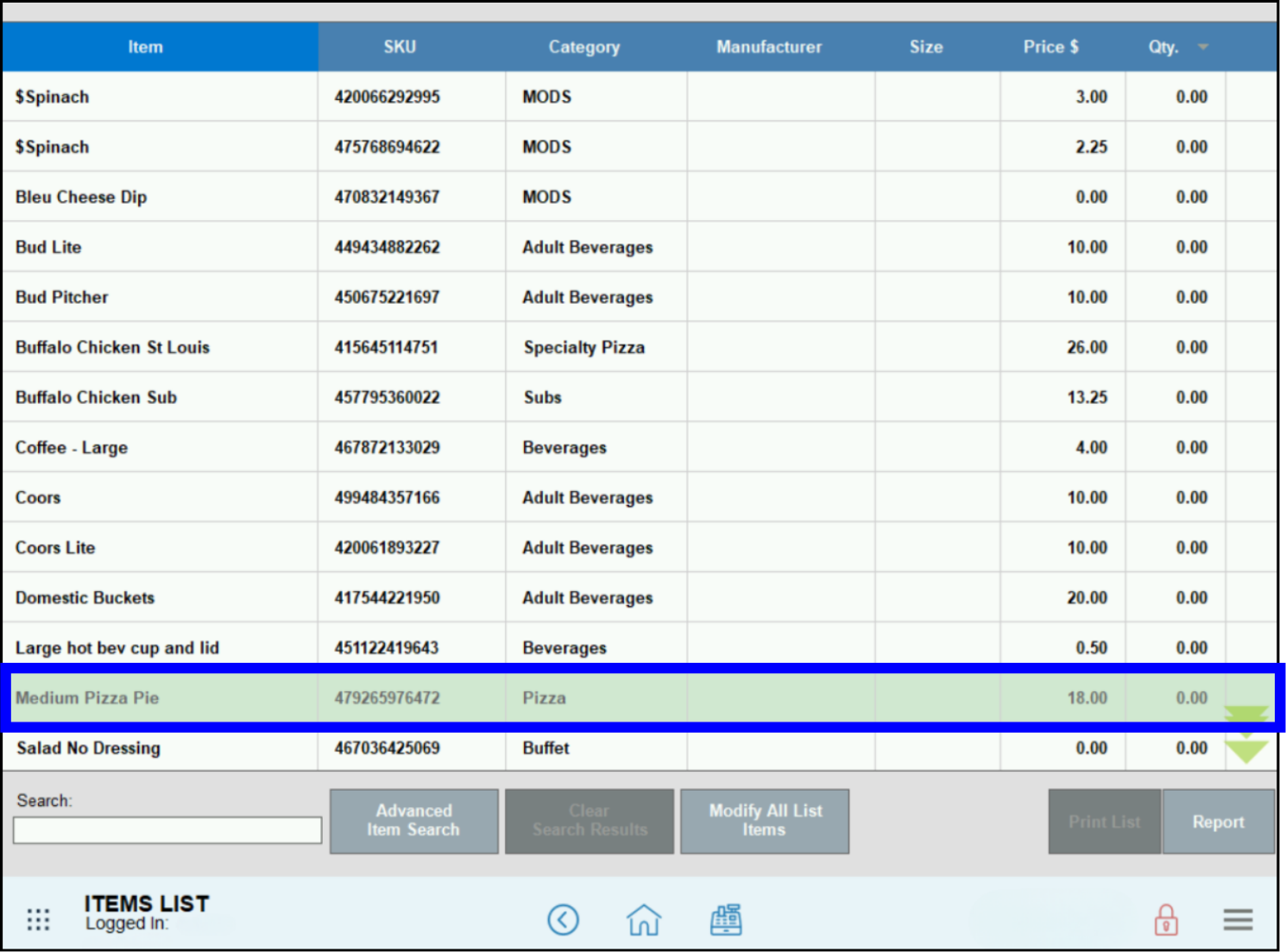 Item highlighted on items list screen