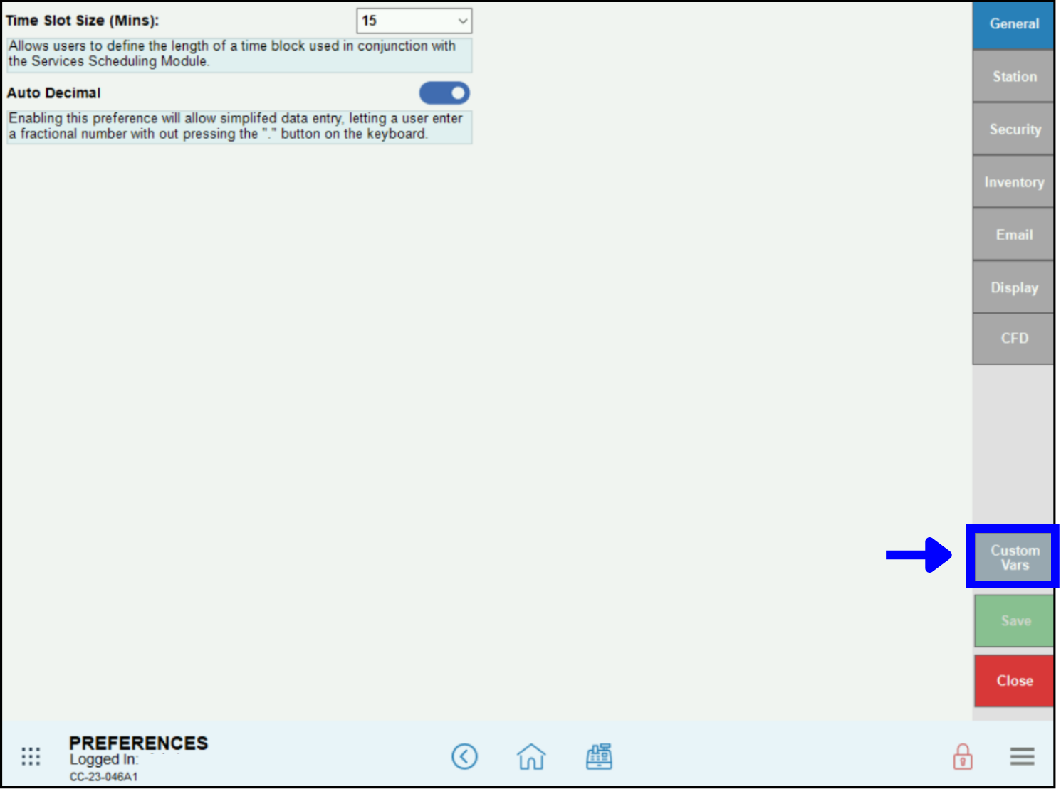 Custom vars tab highlighted on preferences screen
