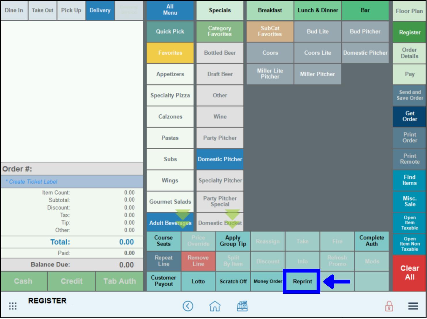 Reprint button highlighted among custom buttons in register app