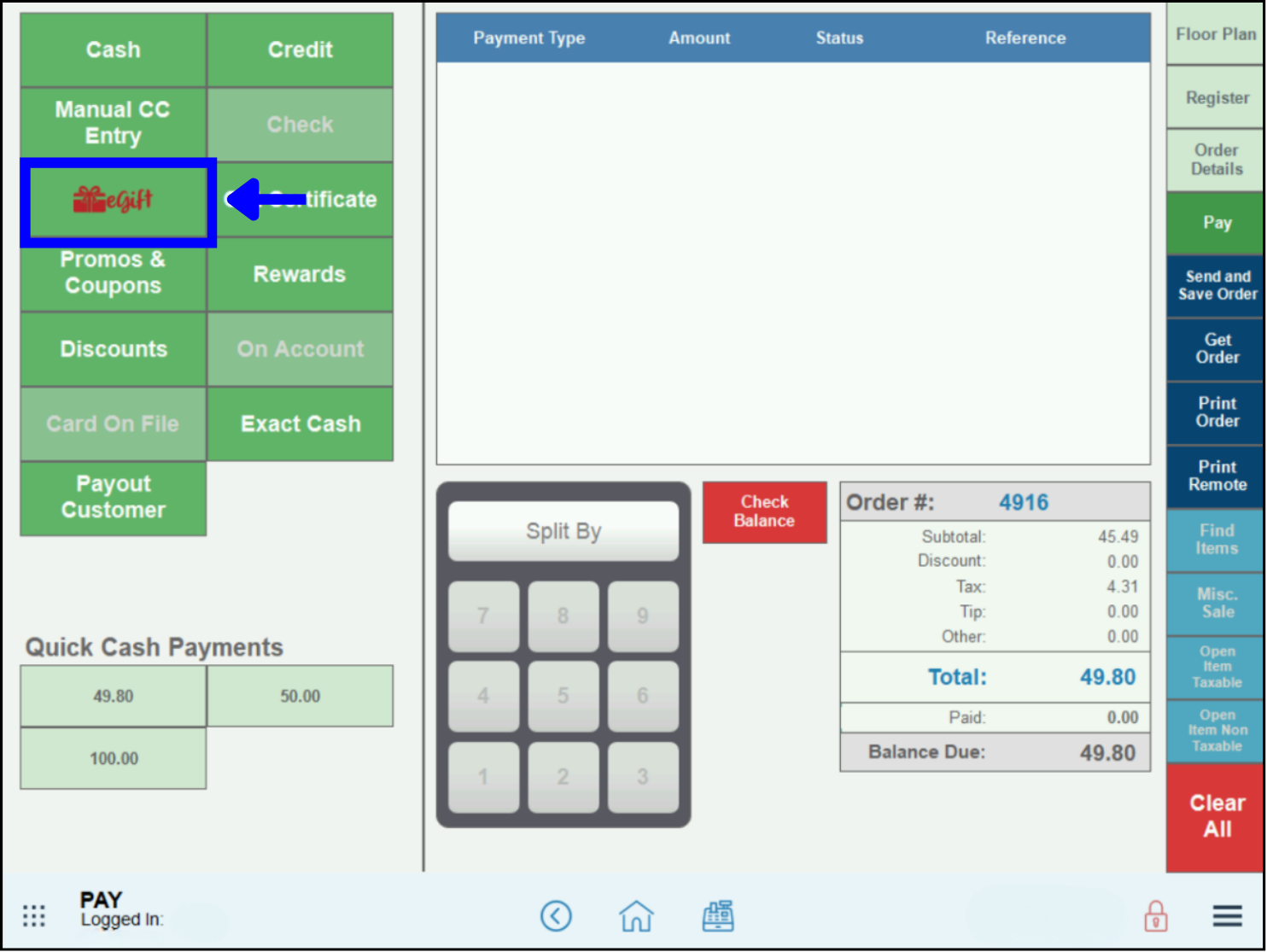 egift payment button highlighted on the pay screen