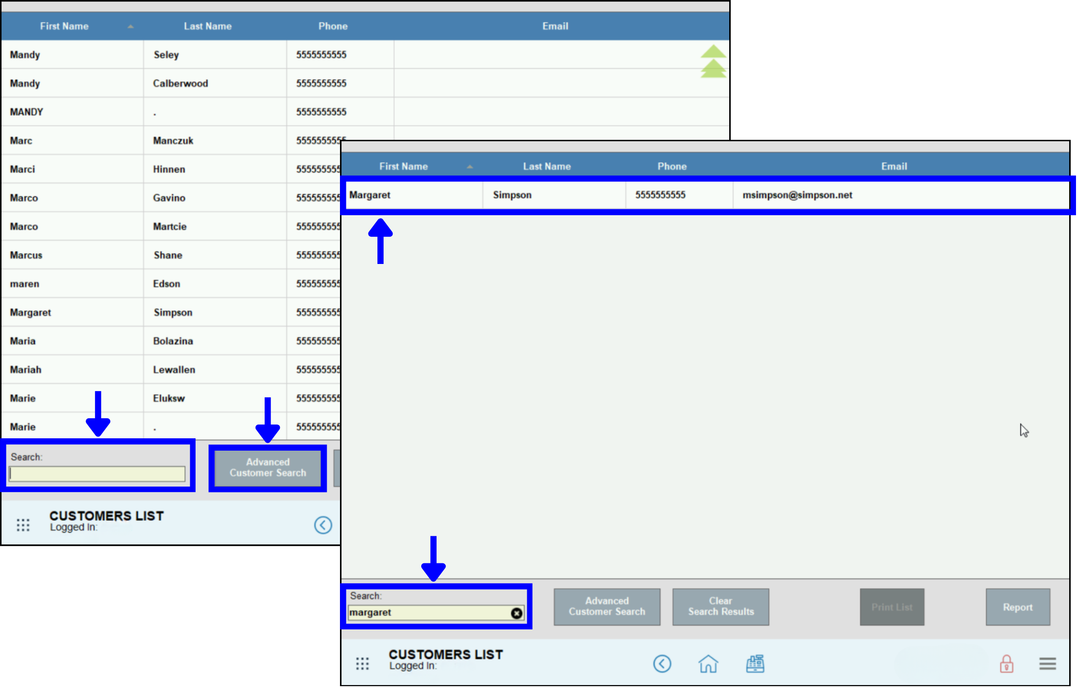 Selected customer highlighted in customer list
