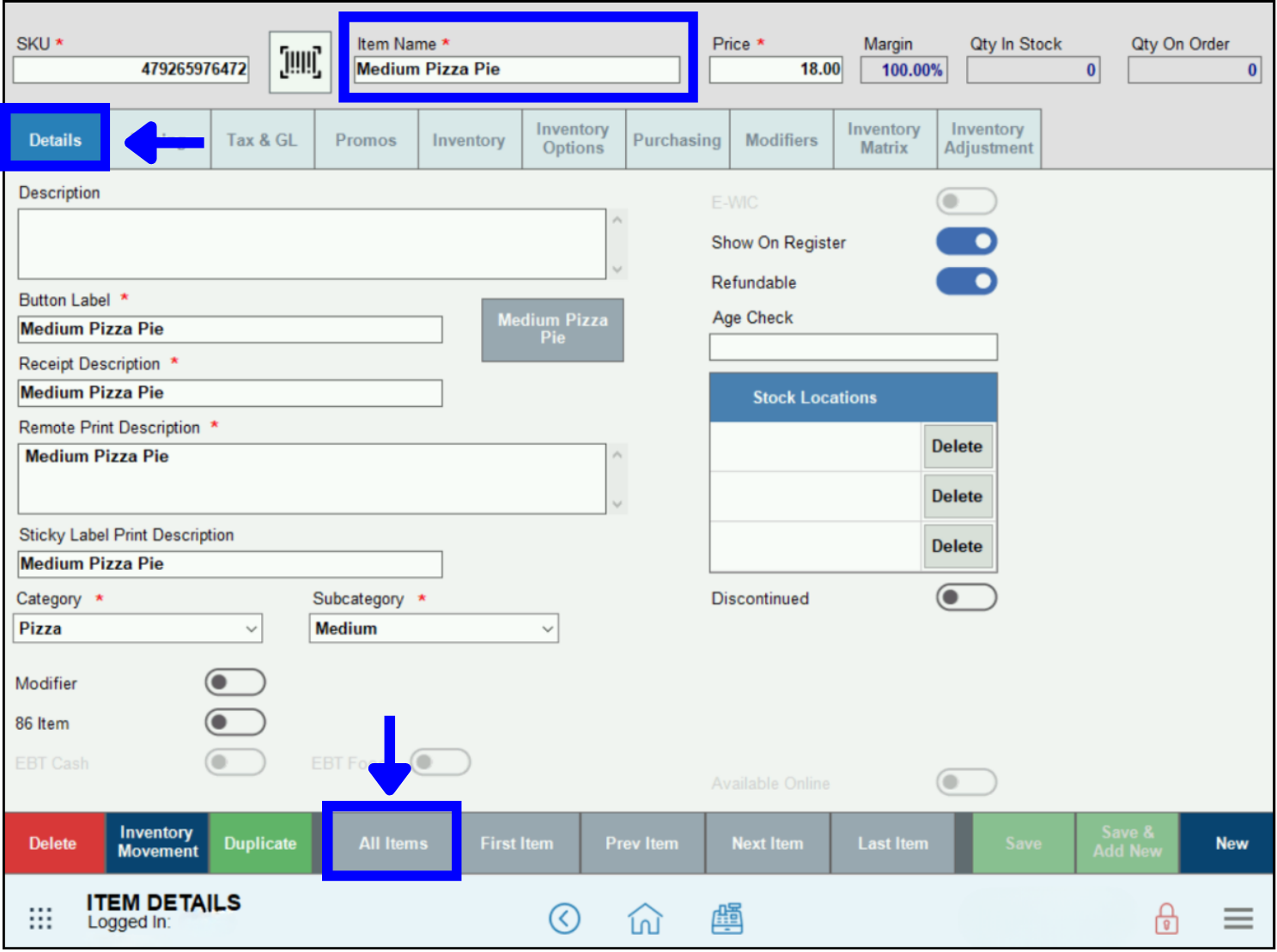 Details tab all items button and item name field highlighted on item details screen