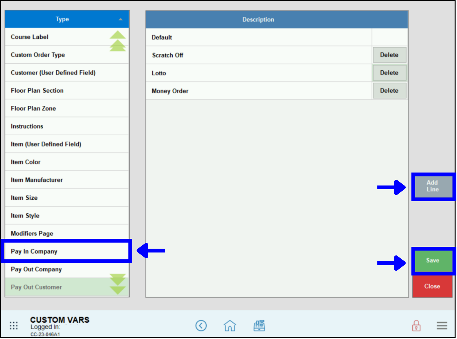 Pay In Company custom variable, Add Line button and Save button highlighted