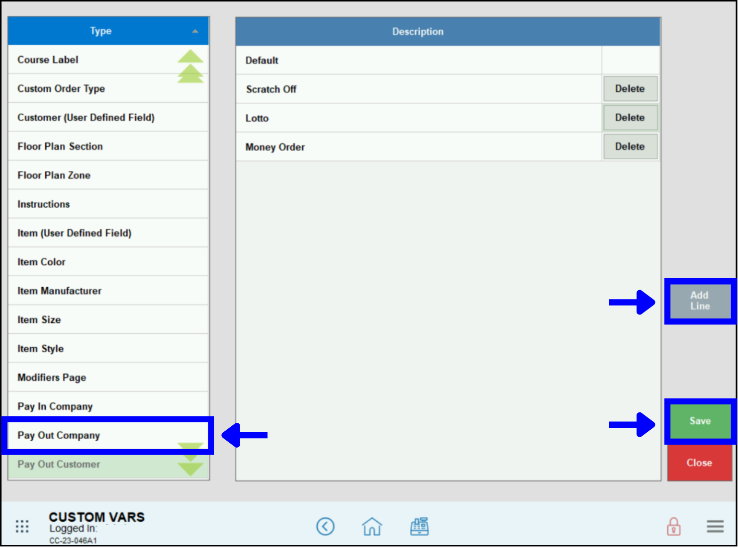 Pay Out Company custom variable, Add Line button and Save button highlighted
