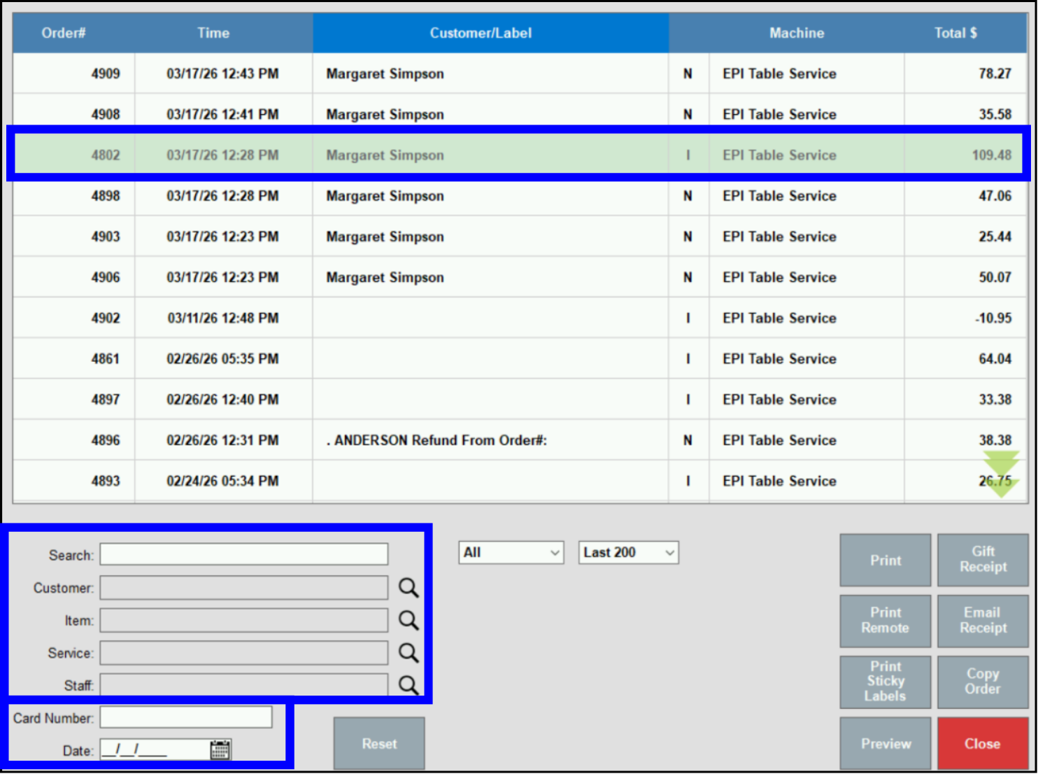 Pop-up screen displays a list of available orders
