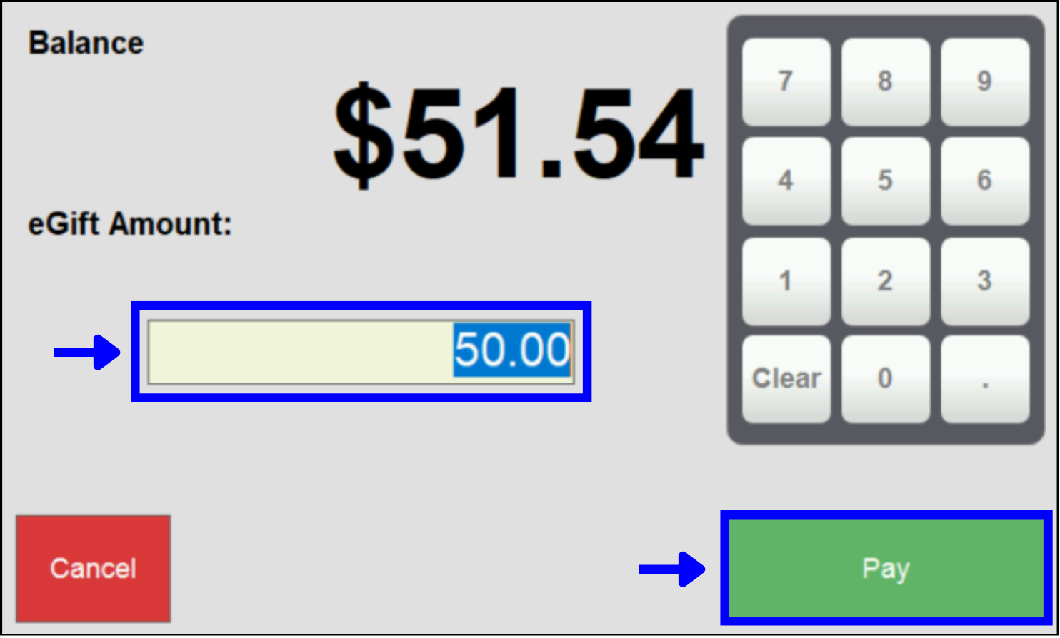 $50 entered in egift amount field with arrow leading to pay buttons