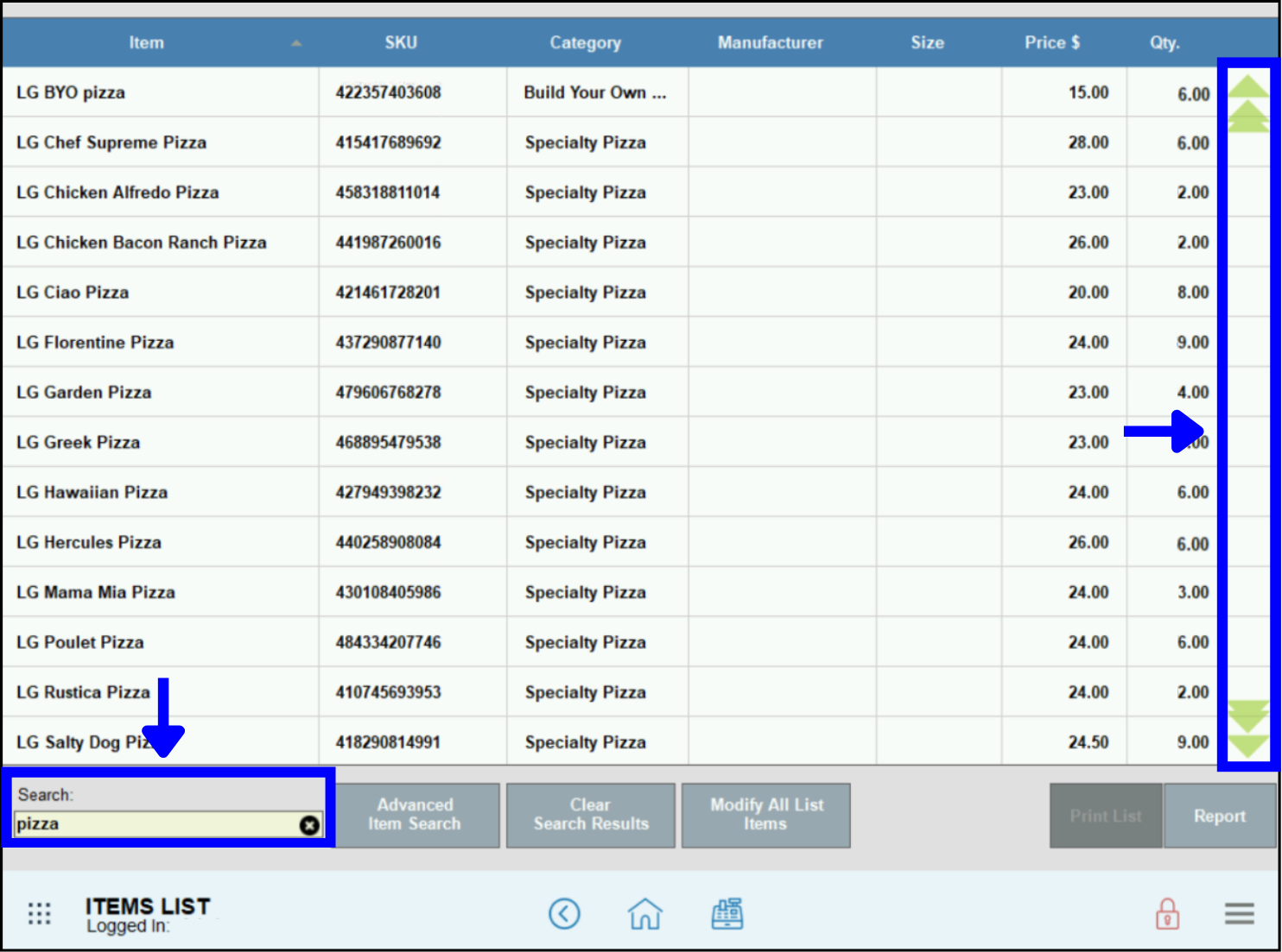 Search or scroll for item